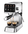 No Stress Touchscreen Espresso Machine With Automatic Milk Frother And 20 Bar Pressure creating espresso in clear glasses.
