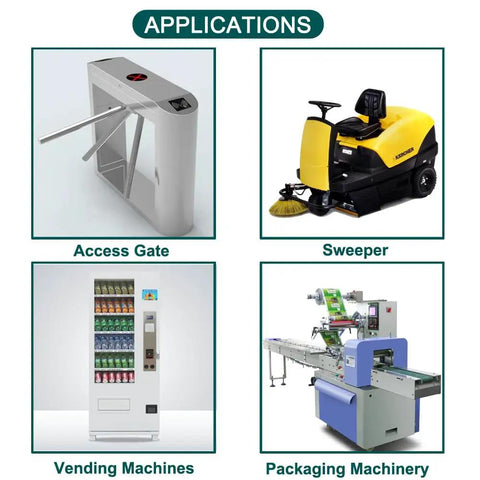 Illustration of DC 12V Micro Geared Motor applications: access gate, sweeper, vending machines, packaging machinery