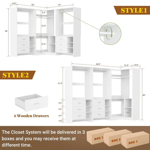 Legit Heavy Duty L Shaped Closet System With Six Roomy Drawers Plus Four Sturdy Hanging Rods Corner Tower Module For Walk In Wardrobe Setup detailed design and dimensions.