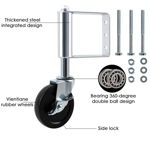 Two Pack Spring Loaded Gate Caster Wheels With Universal Mount Plate Heavy Duty Rubber Gate Caster 220 Lb Capacity 4 Inch Black Side Lock Brake