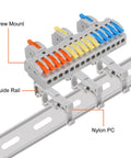 Premium Din Rail Terminal Blocks With No Sweat Quick Wiring Push In Connectors For 28 To 12 AWG Cables mounted on guide rail.
