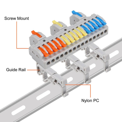 Premium Din Rail Terminal Blocks With No Sweat Quick Wiring Push In Connectors For 28 To 12 AWG Cables mounted on guide rail.