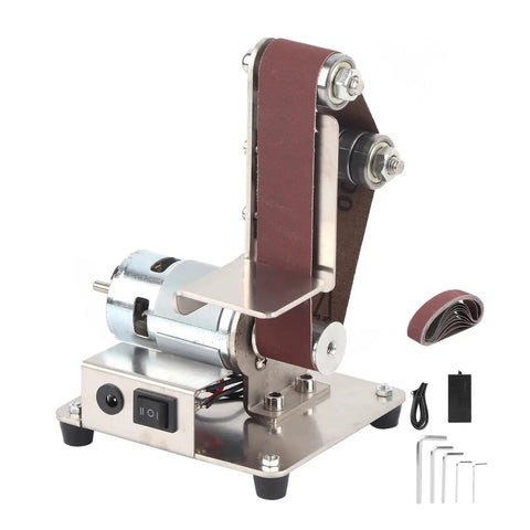 Ultra Compact Mini Electric Belt Sander With Versatile Grinding And Polishing Capabilities For Metal And Wood Projects, stainless steel construction.