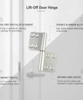 Tool-Free Vertical Door Removal Hinge with aluminum alloy build and lift-off design for quick frame access, 3.8 by 1.6 inches