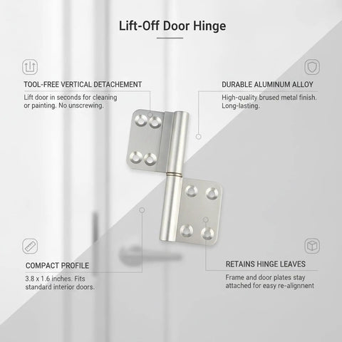 Lift Off Aluminum Door Hinge For Interior Doors, Tool Free Vertical Detachment, Easy Install, Heavy Duty Aluminum Alloy