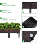 Plastic Square Raised Garden Bed Set With Self-Watering Design showing 2-piece kit, details on structure, drainage hole, and vegetable plants.
