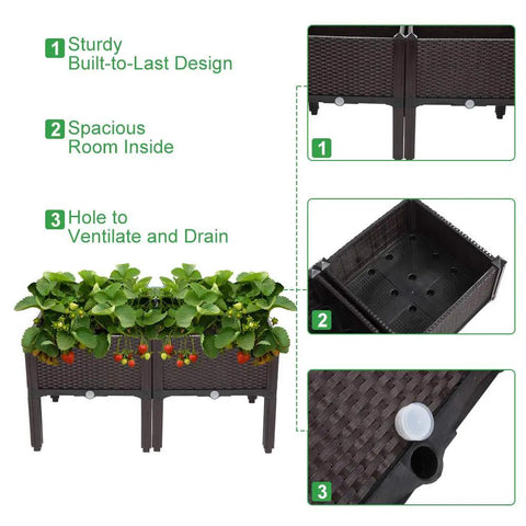Plastic Square Raised Garden Bed Set With Self-Watering Design showing 2-piece kit, details on structure, drainage hole, and vegetable plants.