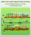 Illustration of DIY Drip Irrigation Kit For Garden Watering 230 Feet Setup With 40 Adjustable Sprinklers in a garden bed setup.