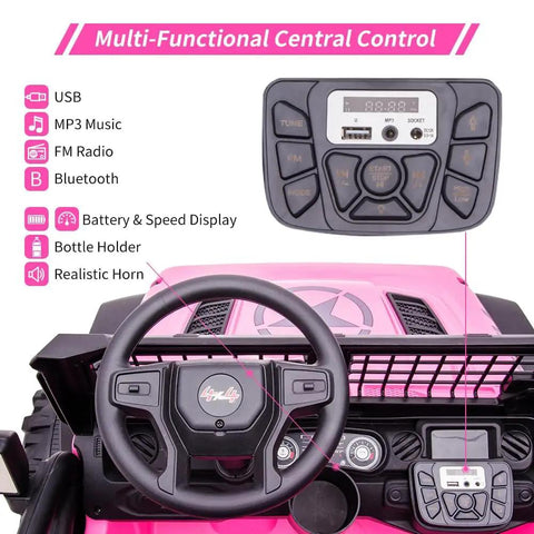 Powerful 24V Kids Ride On Dual Seat Electric Car With Remote Control dashboard showing steering wheel and digital features
