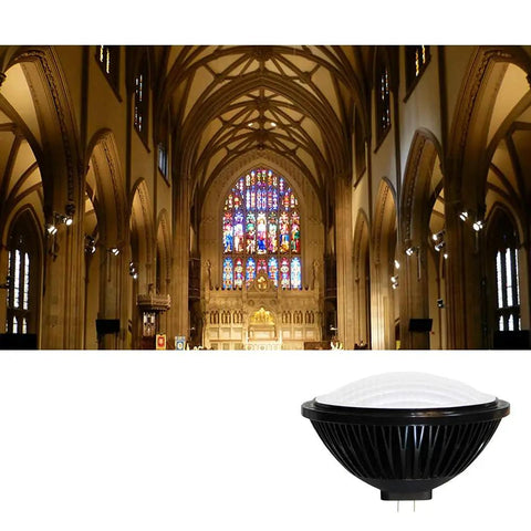 Par64 Led Bulb Replacement for 1000W Halogen, 80W, 15 Degree Beam, Warm White 2700K to 3000K lighting up a cathedral interior