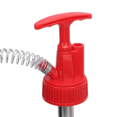 The Ultimate Portable Oil Hand Pump For 5 Gallon Drums, red manual pump, flexible hose, ideal for fluid transfer.
