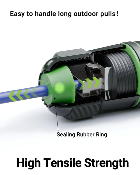 Cutaway view of Waterproof RJ45 Coupler For Outdoor Ethernet Cables Cat6 Cat5e Cat5 IP68 showing sealing rubber ring and cable insertion.