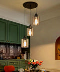 Three Light Industrial Pendant Light With Glass Shade Matte Black Finish Adjustable Height Modern Hanging Fixture for Kitchen