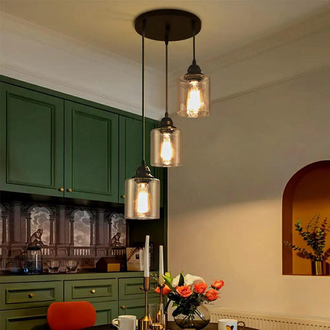 Three Light Industrial Pendant Light With Glass Shade Matte Black Finish Adjustable Height Modern Hanging Fixture for Kitchen