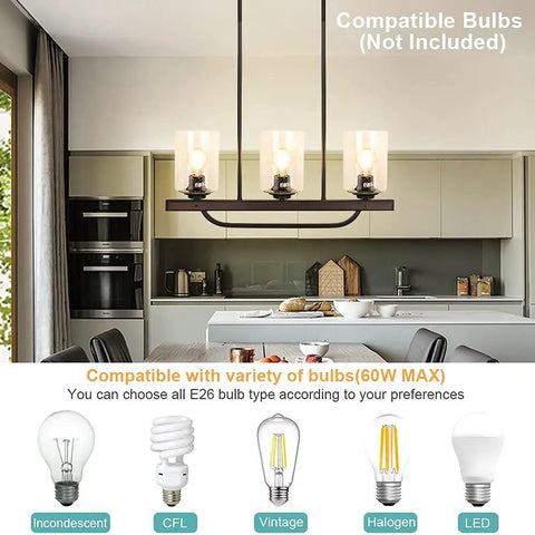 Three Light Rustic Pendant Light Fixture With Glass Shade, Flush Mount Farmhouse Chandelier In Black For Kitchen Island And Dining Room, Adjustable Ceiling Light With E26 Base For Home And Restaurant