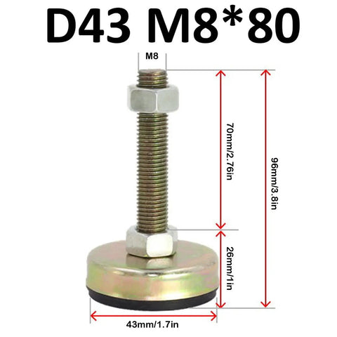 Heavy Duty Adjustable Leveling Feet Four Pack Threaded Furniture Support Iron Build with rubber base, dimensions shown.