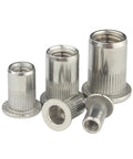 Stainless Steel Flat Head Rivet Nuts For Home DIY And Metal Work Projects Featuring Knurled Bodies That Stop Spinning During Installation To Ensure Super Strong Anchors Every Single Time, assorted sizes.