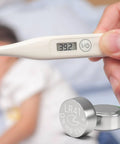 Premium Leak Proof LR41 Button Batteries AG3 Alkaline Cells 10 Pack alongside a digital thermometer reading 39.2 degrees.