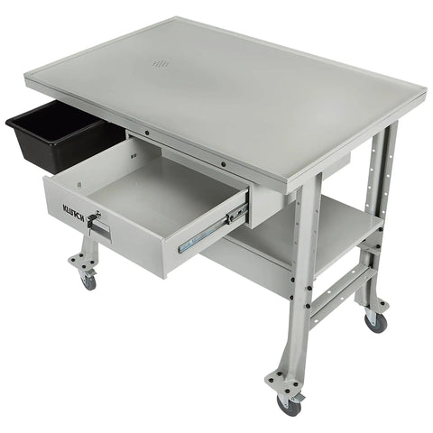 Beefy Heavy Duty Tear Down Table Workbench with Drain, Steel Work Surface, Containment Basin, Lockable Drawer, 1000 lb Capacity