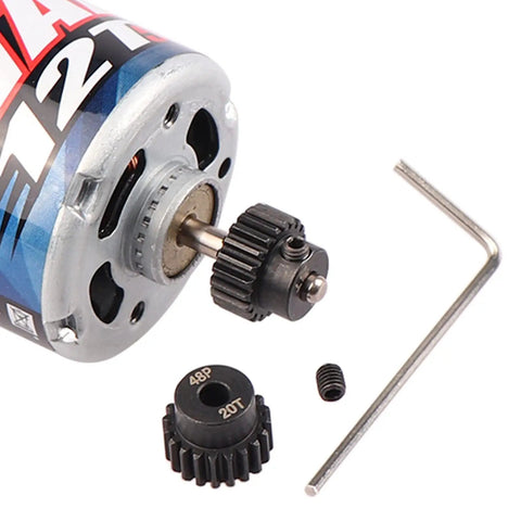 Five Pack 48P RC Pinion Gears Set 17T 18T 19T 20T 21T For 1Tenth Scale RC Cars With 3.175mm Shaft Hardened Steel shown with motor
