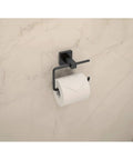 Duro Matte Black 4 Piece Wall Mounted Bathroom Hardware Set With 18 Inch Towel Bar Robe Hook Hand Towel Holder And Toilet Paper Holder Includes All Mounting Hardware installed toilet paper holder