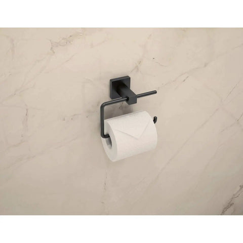 Duro Matte Black 4 Piece Wall Mounted Bathroom Hardware Set With 18 Inch Towel Bar Robe Hook Hand Towel Holder And Toilet Paper Holder Includes All Mounting Hardware installed toilet paper holder