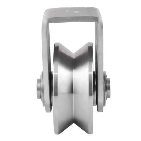 Front view of Heavy Duty Beefed Up V Type Stainless Steel Pulley Block with 360 Degree Rotation Detachable Duplex Bearing