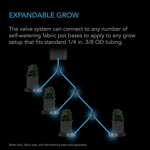 Auto Fill Upgrade Valve Kit For Self Watering Bases, Gravity Powered Refills From Large Reservoir, No Mess Leak Proof Seal, Three Eighths Inch OD Tubing, 4 Pack For Hydroponics And Indoor Grow Setups, shown in expandable grow setup with tubing connections.