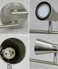Close-up views of 6 light flexible track lighting rail with adjustable heads slick LED spotlight ceiling fixture in brushed steel.