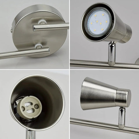 Close-up views of 6 light flexible track lighting rail with adjustable heads slick LED spotlight ceiling fixture in brushed steel.