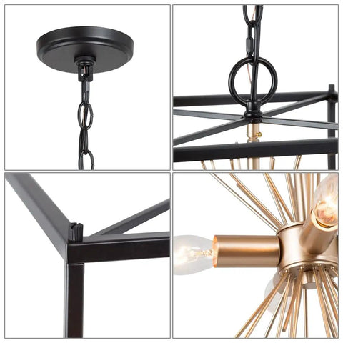 Detailed view of Black And Gold Four Light Sputnik Chandelier, Mid Century Modern Square Pendant Lighting for various areas.