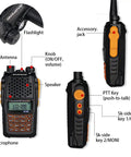 Diagram of UV-6R Ham Radio Handheld 5W Walkie Talkie For Adults highlighting antenna, microphone, and controls