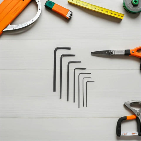 Top Notch 7 Piece Mini Metric Hex Key Wrench Set From 0.7 To 3.0mm Compact Metal Tool Kit Perfect For Precision Electronics Repair Bike Maintenance And Crafting Projects On The Go, seven black L-keys on white surface