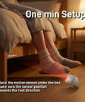 Motion Sensor Doorbell For Elder Care And Dementia Patients, showing under-bed placement and foot direction for easy install.