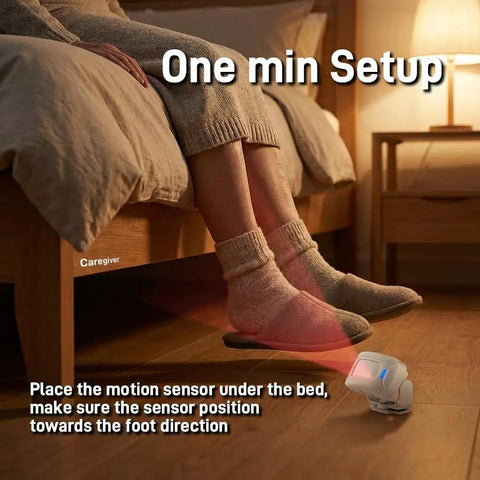Motion Sensor Doorbell For Elder Care And Dementia Patients, showing under-bed placement and foot direction for easy install.