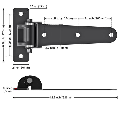 Diagram of Beefy Heavy Duty Gate Hinges 1000 Lbs Per Pair, 13 Inch Strap Hinges With Ball Bearings, black steel hinge dimensions