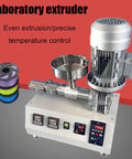Desktop 3D Printer Filament Extruder Machine, Straight Up Single Screw Pellet Maker with control panel and extrusion nozzle.