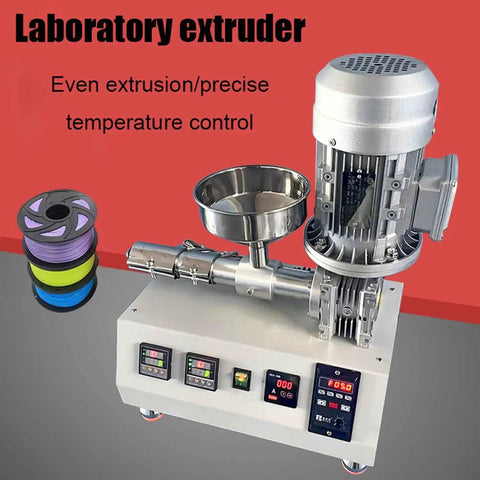 Desktop 3D Printer Filament Extruder Machine, Straight Up Single Screw Pellet Maker with control panel and extrusion nozzle.