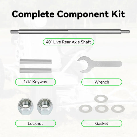 Complete kit for Universal 40 Inch Go Kart Rear Axle Kit for ATVs Quads Dune Buggies Trailers with components shown.