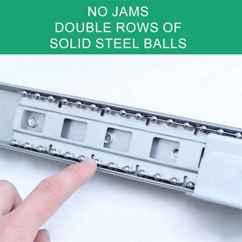 Close-up of full extension drawer slides for 3 section staircase hidden base cabinet track system with steel ball bearings.