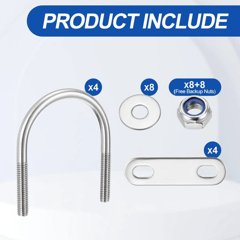 Tough As Nails Round U Bolts 4 Pack 304 Stainless Steel M6 X 42 X 62 includes 4 U bolts, 8 washers, and nuts for secure mounting.