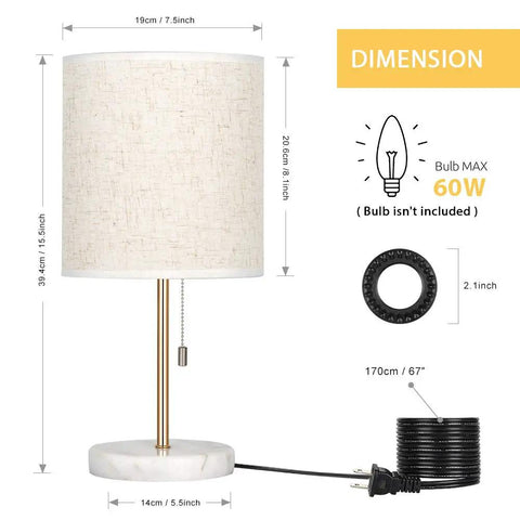 Gold Marble Base Bedside Table Lamp For Bedroom And Office A Tiny Yet Mighty Nightstand Light With Dimensions and Cord Shown
