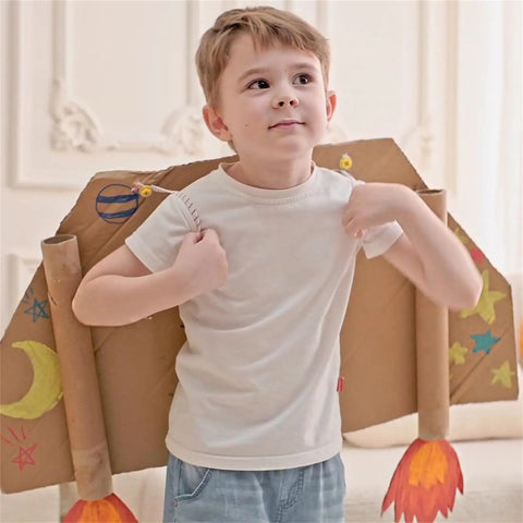 Game Changer Pack Of 200 Educational Construction Screws Set For Kids And Teens Building Kit with child in cardboard rocket costume.