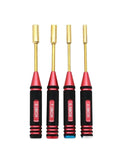 Titanium Plating Upgrade Kit For RC Models 4 Piece Alloy Tool Set With Hex Nut Wrench And Socket Perfect For RC Cars And Aircraft Upgrades Wheels Drive Shafts And Shock Absorbers For Badass Performance And Style showing four alloy tools standing upright