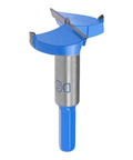 Side view of Forstner drill bit, 45mm tungsten-carbide wood hole cutter with blue handle