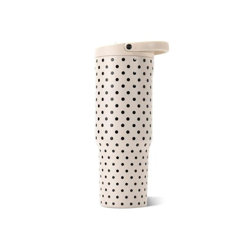 32 Oz Insulated Stainless Steel Water Bottle With Fly Polka Dot Drip And French Vanilla Finish Reusable Sport Flask side view with lid