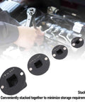 Heavy Duty Low Impact Socket Adapter Kit For Mechanics 4 Pieces Chrome Vanadium Steel Set With Magnetic Design To Tackle Hard Reach Bolts And Master Tough Jobs In Tight Confined Spaces Effortlessly. Stackable 4-piece chrome vanadium socket adapters with magnetic inserts, used on ratchet in engine bay.