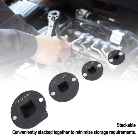 Heavy Duty Low Impact Socket Adapter Kit For Mechanics 4 Pieces Chrome Vanadium Steel Set With Magnetic Design To Tackle Hard Reach Bolts And Master Tough Jobs In Tight Confined Spaces Effortlessly. Stackable 4-piece chrome vanadium socket adapters with magnetic inserts, used on ratchet in engine bay.