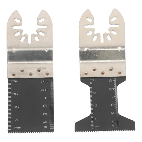 Two metal blades from Pro Grade 115 Piece Oscillating Tool Blades Set For Woodworking Metal Cutting And Home Renovation Multitool Kit