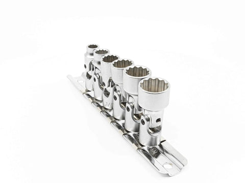 Six-Piece 1 Quarter Inch Drive SAE Universal Hand Socket Set With Rail Holder, 12-Point, CR-V Steel on white background